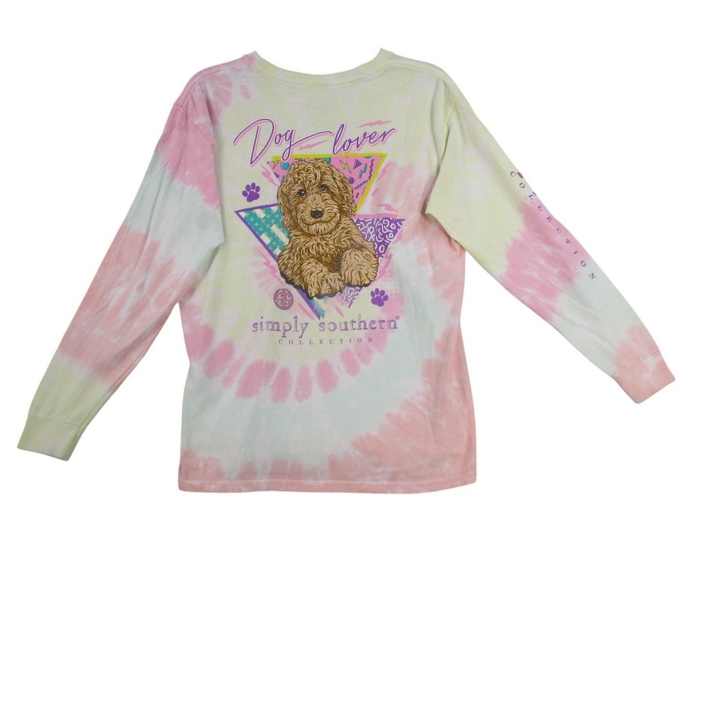 Simply Southern Kids Dog Lover Tie Dye Long Sleeve Graphic T-Shirt Pink Yellow L